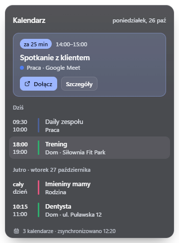 Wizualizacja widgetu: Kalendarz