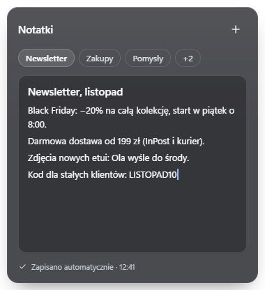 Wizualizacja widgetu: Notatki