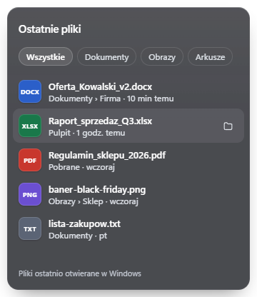 Wizualizacja widgetu: Ostatnie pliki