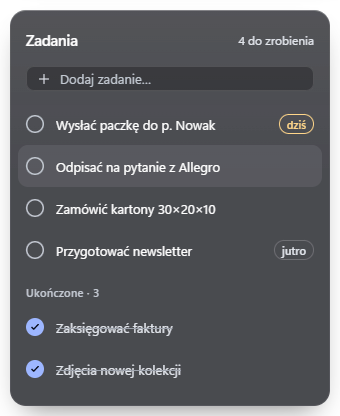 Wizualizacja widgetu: Zadania
