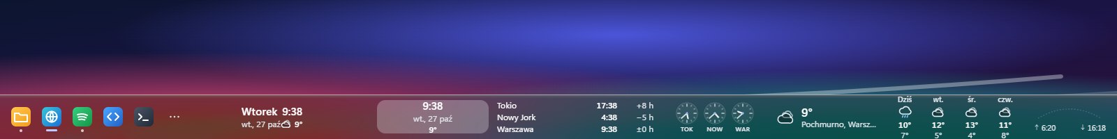 Pasek docka z zegarami świata dla Tokio, Nowego Jorku i Warszawy oraz pogodą z prognozą